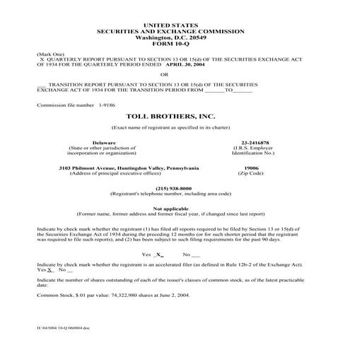  tollbrothers   10-Q_apr_2004