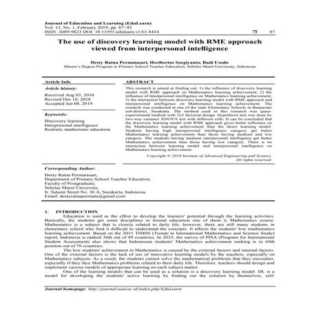 The use of discovery learning model with RME approach viewed from interperson...