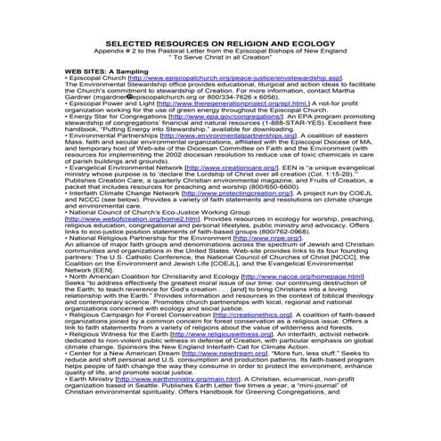 Selected Resources On Religion And Ecology  