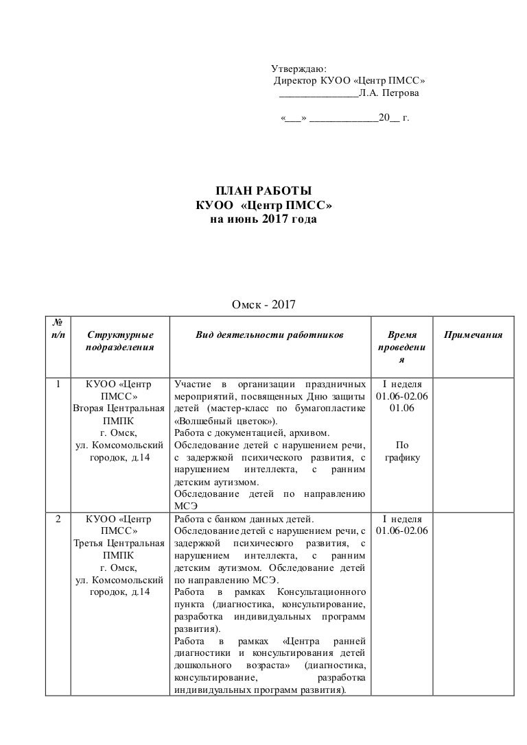 ПЛАН РАБОТЫ КУОО «Центр ПМСС» на июнь 2017 года