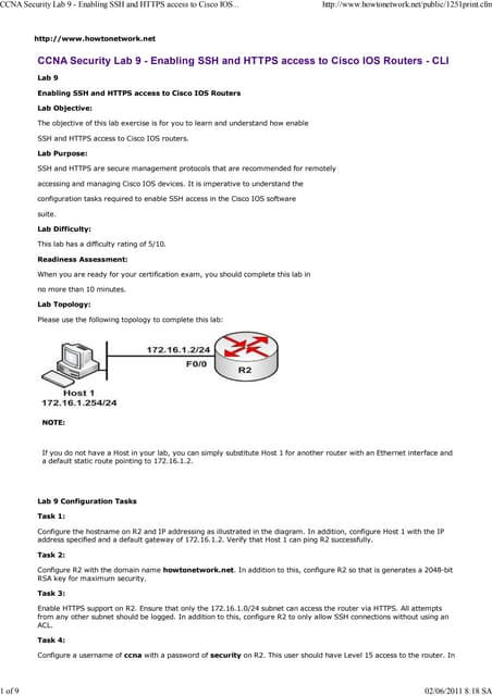 CCNA Security Lab 9 - Enabling SSH and HTTPS access to Cisco IOS Routers - CLI
