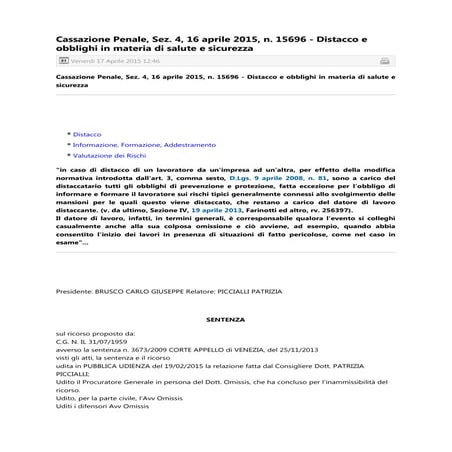 123   2015   cassazione penale 16 aprile 2015 distacco e obblighi in materia ...