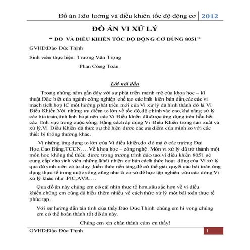 Đề tài: Đo và điều khiển tốc độ động cơ dùng 8051, HAY