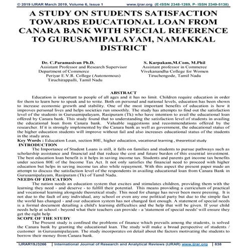 A STUDY ON STUDENTS SATISFACTION TOWARDS EDUCATIONAL LOAN FROM CANARA BANK WITH SPECIAL REFERENCE TO GURUSAMIPALAYAM, NAMAKKAL DISTRICT