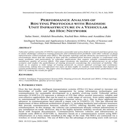 PERFORMANCE ANALYSIS OF ROUTING PROTOCOLS WITH ROADSIDE UNIT INFRASTRUCTURE I...