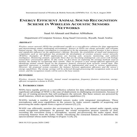 Energy Efficient Animal Sound Recognition Scheme in Wireless Acoustic Sensors...