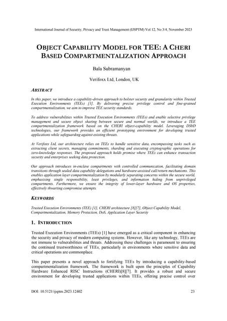 OBJECT CAPABILITY MODEL FOR TEE: A CHERI BASED COMPARTMENTALIZATION APPROACH