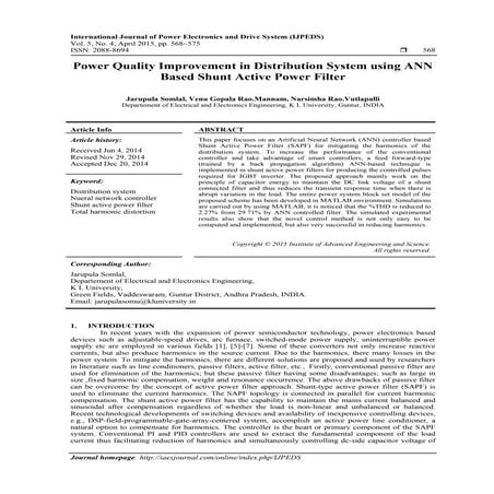 Power Quality Improvement in Distribution System using ANN Based Shunt Active...