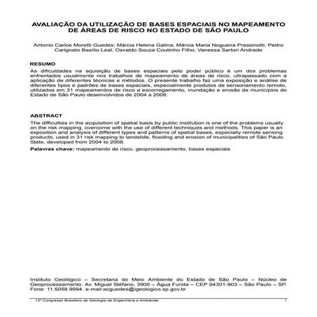 AVALIAÇÃO DA UTILIZAÇÃO DE BASES ESPACIAIS NO MAPEAMENTO DE ÁREAS DE RISCO NO...
