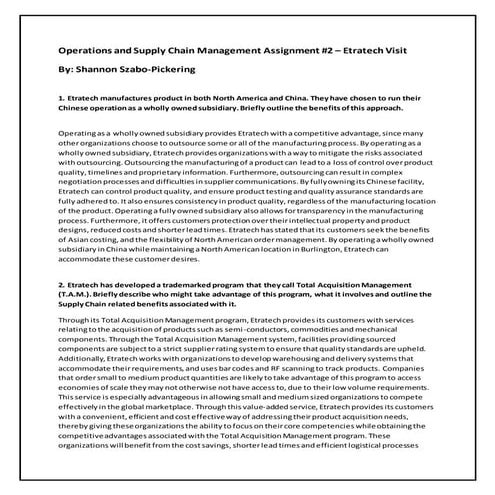 Supply Chain Management- Assignment #2 Etratech Visit November 2014