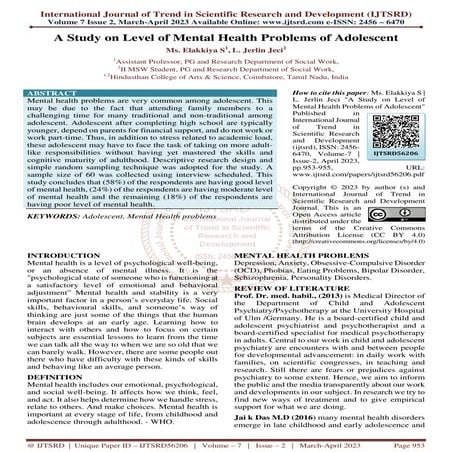 A Study on Level of Mental Health Problems of Adolescent | PDF