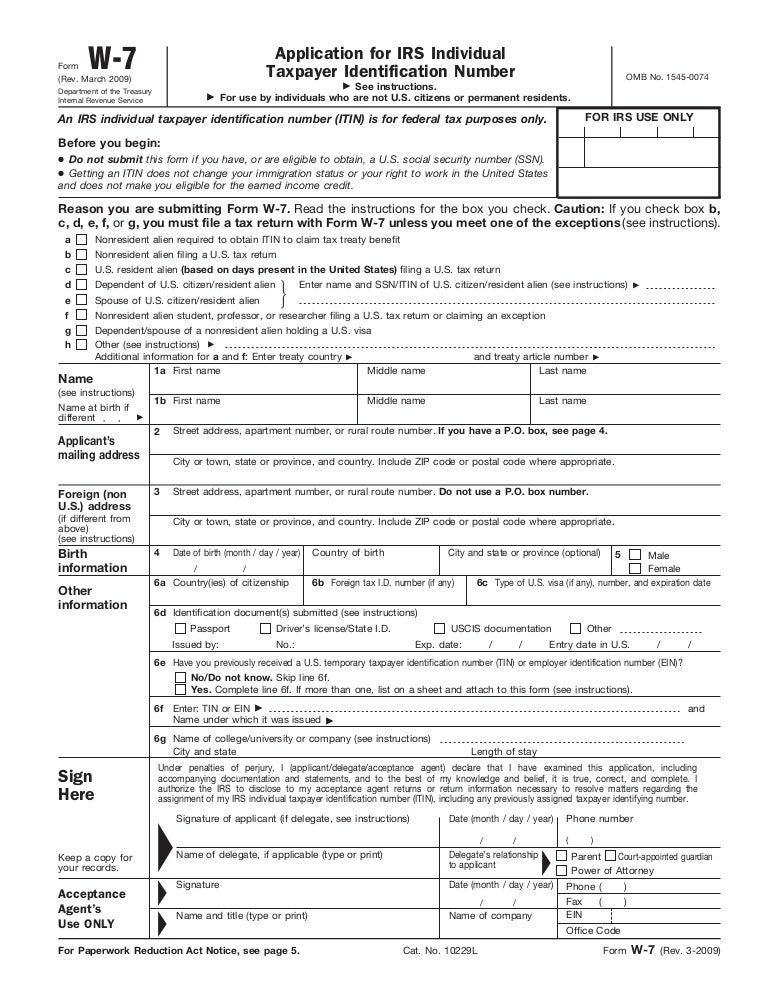 Form W7_Application for IRS Individual Taxpayer Identification Number