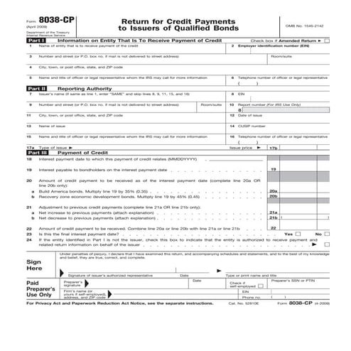 Form 8038-CP  Return for Credit Payments to Issuers of Qualified Bonds  