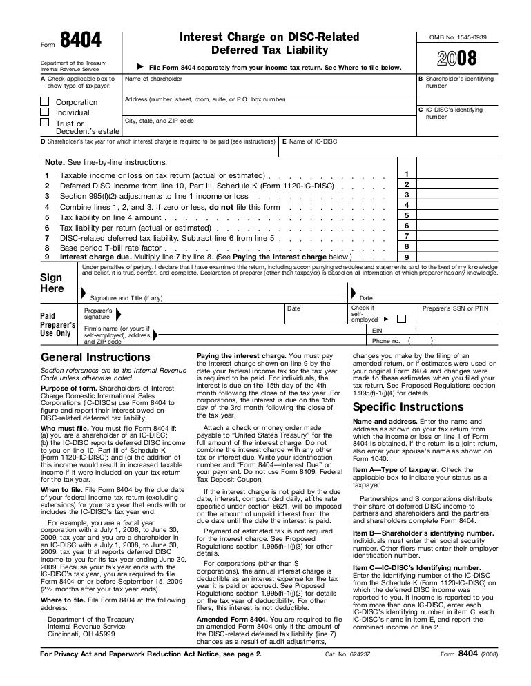 form 8404 interest charge on disc related deferred tax liability form 8404