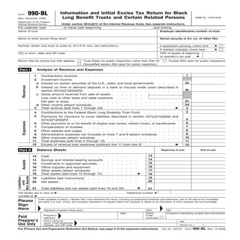 Form 990-BL  Information and Initial Excise Tax Return for Black Lung Benefit...