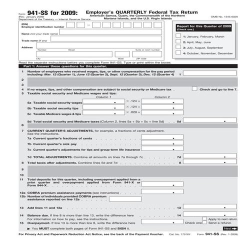 Form 941-SS  Employer's Quarterly Federal Tax Return - American Samoa, Guam, ...