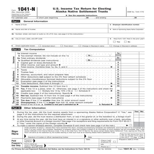 Form 1041-N  U.S. Income Tax Return for Electing Alaska Native Settlement Tru...