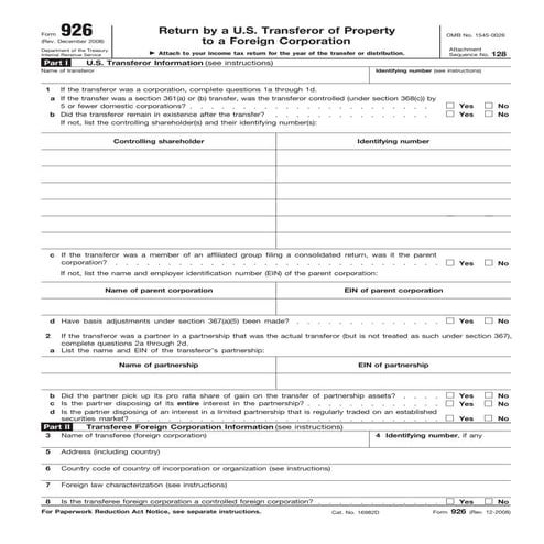 Form 926-Return by a U.S. Transferor of Property to a Foreign Corporation