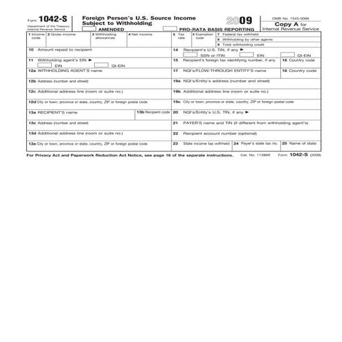 Form 1042-S-Foreign Person's U.S. Source Income Subject to Withholding