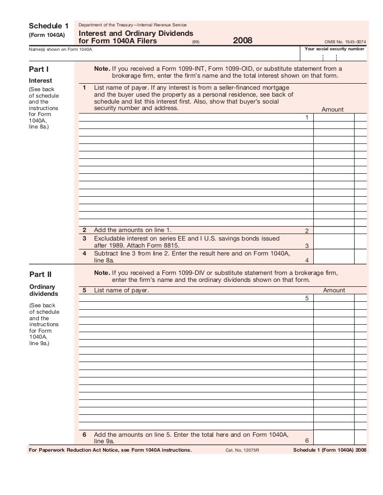 Form 1040A, Schedule 1-Interest and Ordinary Dividends for Form 1040