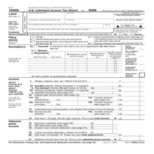 Form 1040A-Individual Income Tax Return - Short Form 