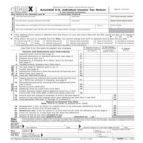 Form 1040X*-Amended Individual Income Tax Return