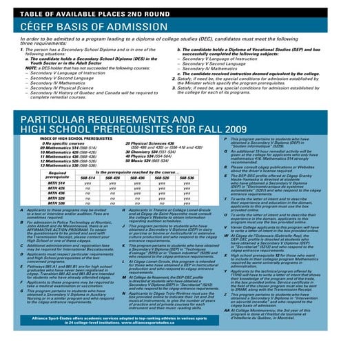 CÉGEP BASIS OF ADMISSION PARTICULAR REQUIREMENTS AND HIGH SCHOOL ...