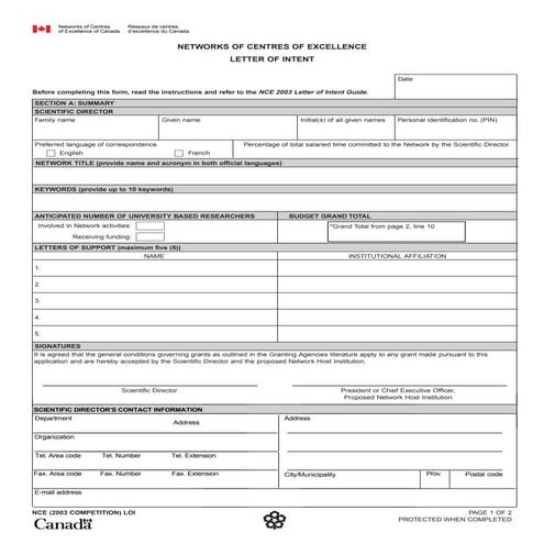 NETWORKS OF CENTRES OF EXCELLENCE LETTER OF INTENT