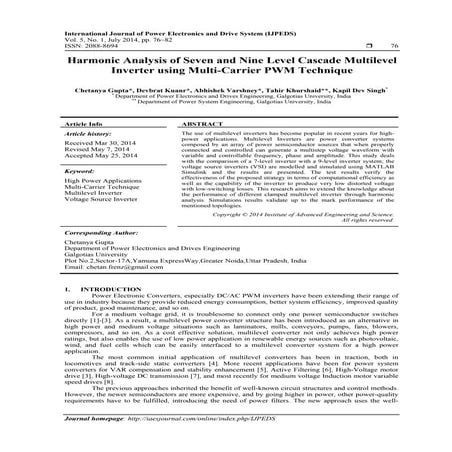 Harmonic Analysis of Seven and Nine Level Cascade Multilevel Inverter using M...