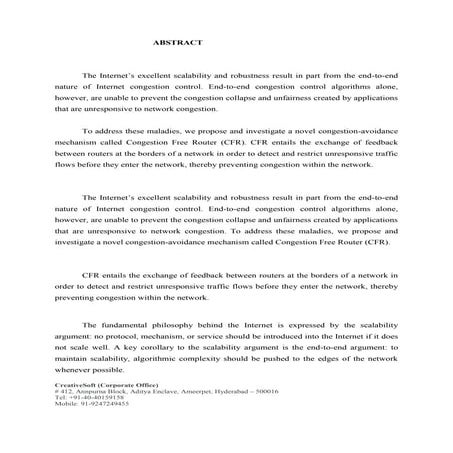 Congestion Control using network based Protocol Abstract 2017