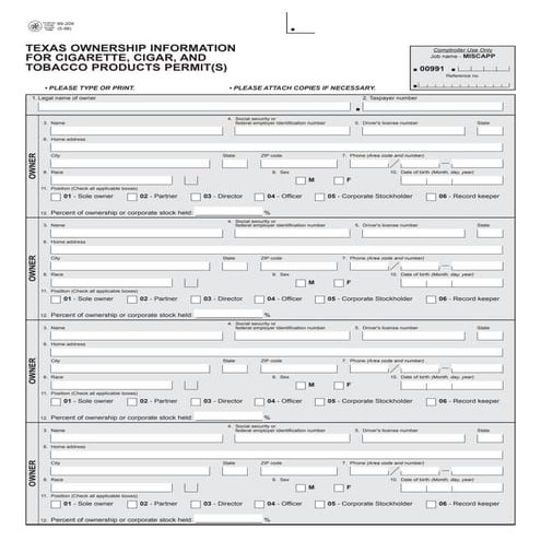 Texas Cigarette, Cigar and Tobacco Products Report Forms-69-209 Ownership Sup...