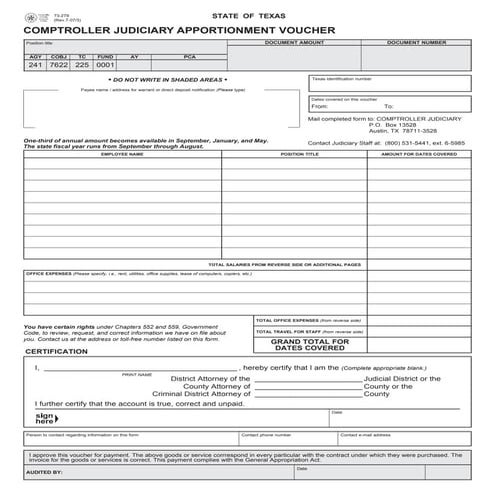 Texas City and County Government Forms-73-279 Comptroller Judiciary  Apportionment Voucher and Office Apportionment Guidelines