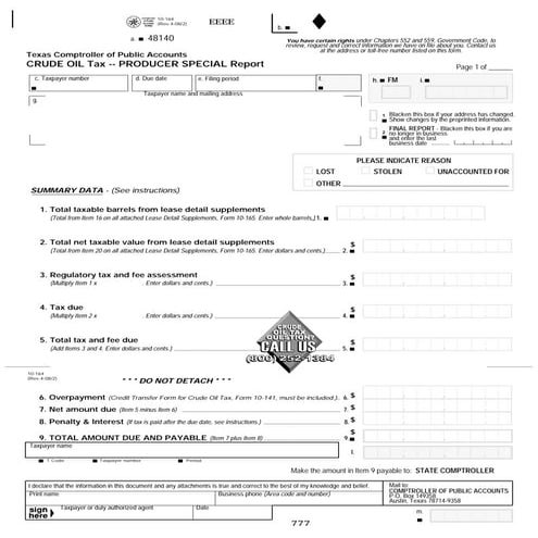 Texas Crude Oil Tax Forms -10-164 Crude Oil Tax - Producer Special Report 