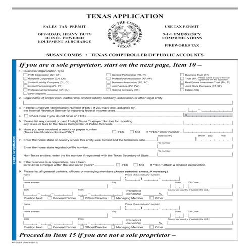 Texas Fireworks Tax Forms-AP-201 Texas Application for Sales Tax Permit, Use ...