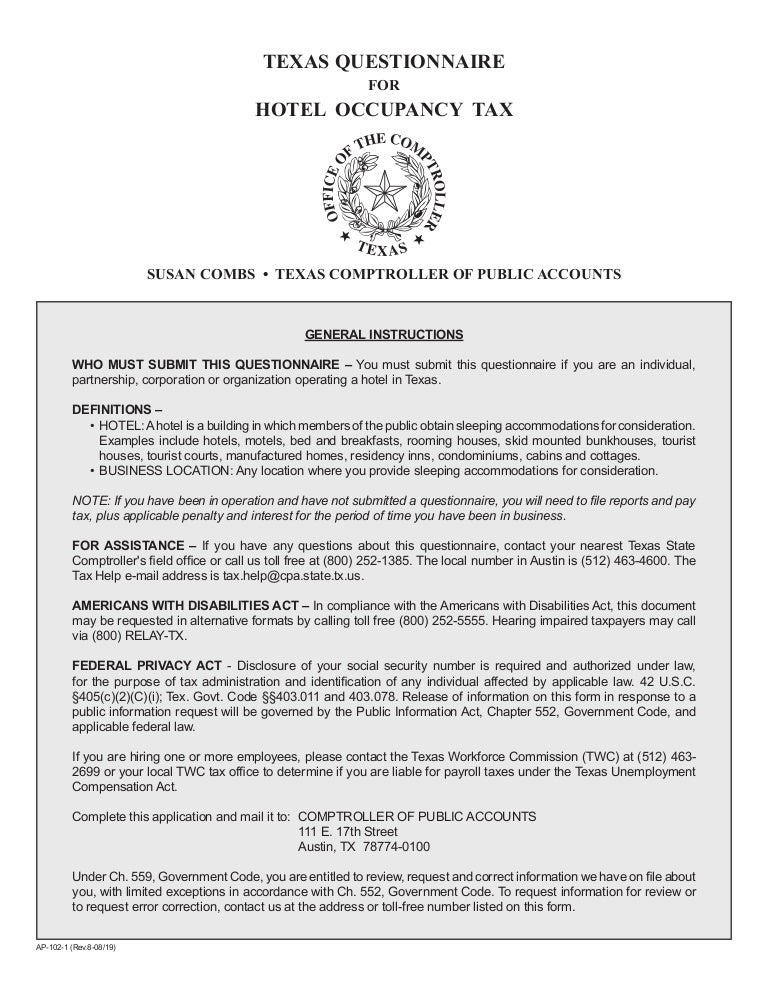 Texas Hotel Occupancy Tax FormsAP102 Hotel Occupancy Tax Questionna…
