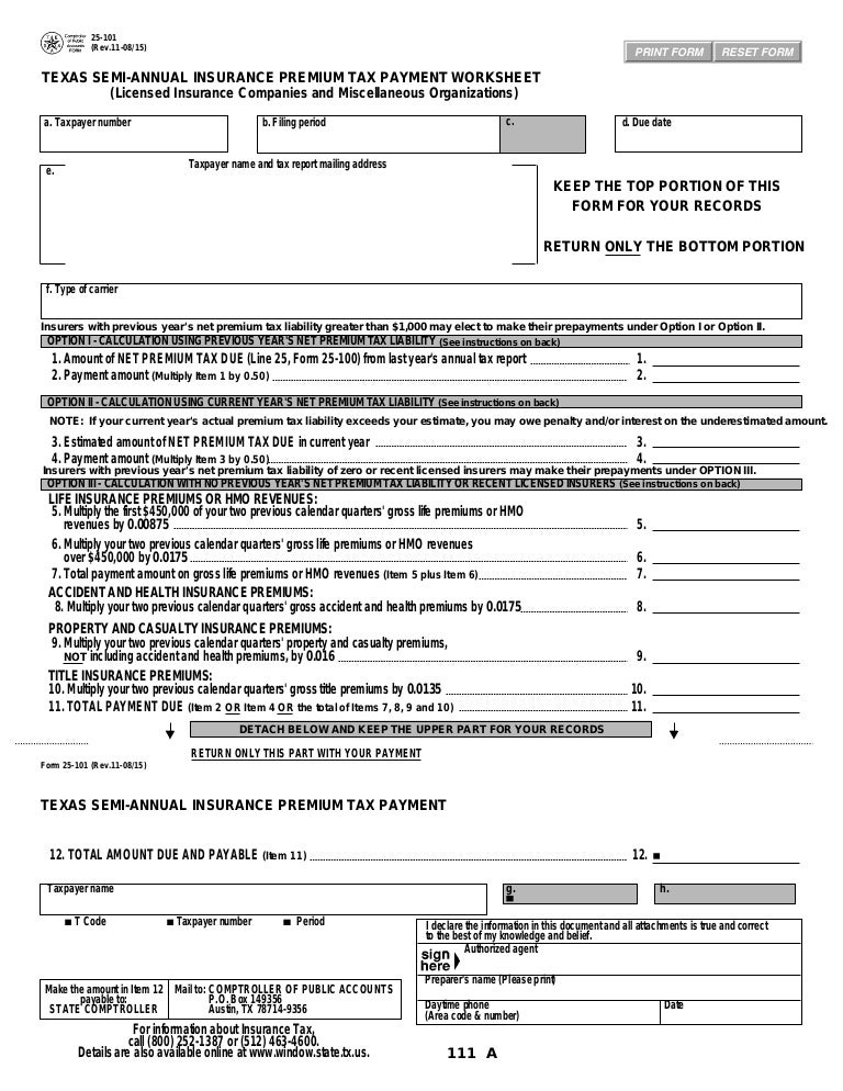 Texas Insurance Tax Forms25101 Insurance SemiAnnual Premium Tax Pa…