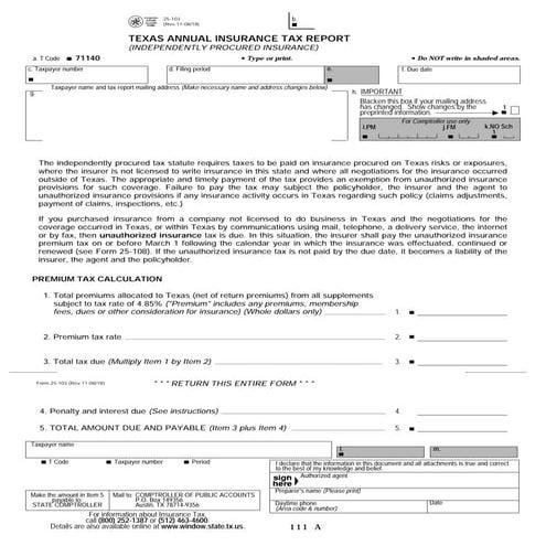 Texas Insurance Tax Forms-25-103 Annual Insurance Tax Report ...