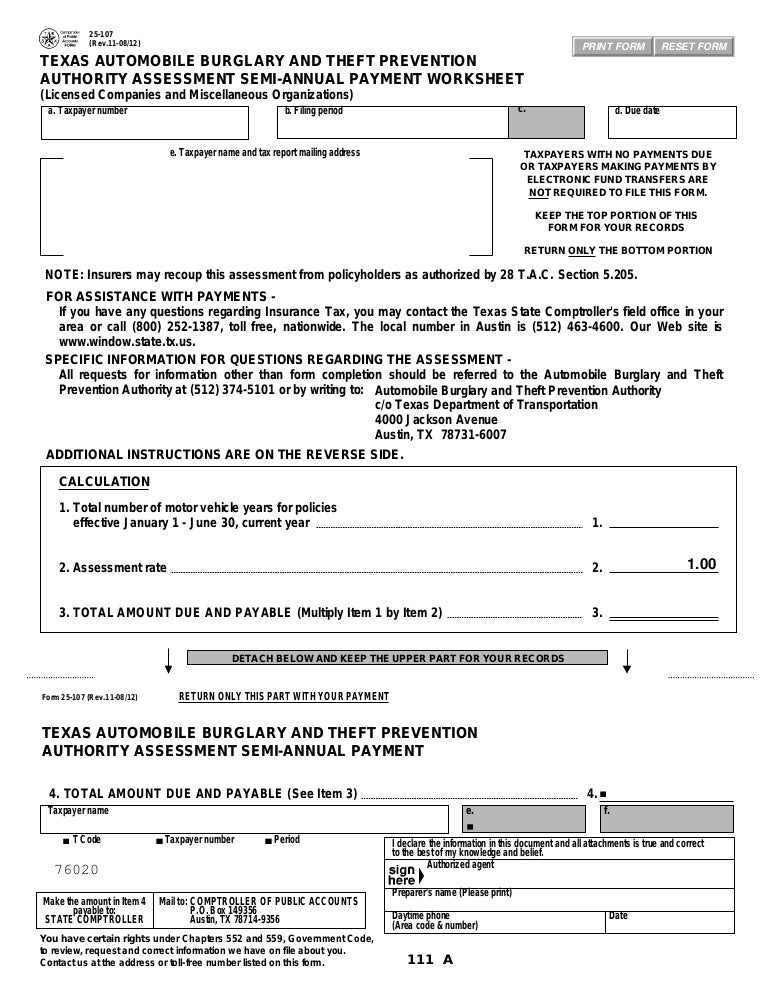 Texas Insurance Tax Forms25107 Automobile Burglary and Theft Preven…