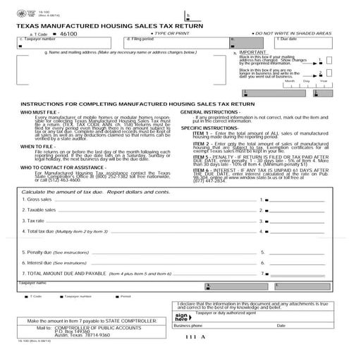 Miscellaneous Texas Tax Forms-18-100 Texas Manufactured Housing Sales Tax Return