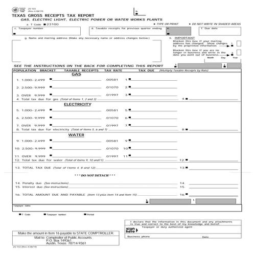 Miscellaneous Texas Tax Forms-20-103 Texas Gross Receipts Tax Report--Gas, El...