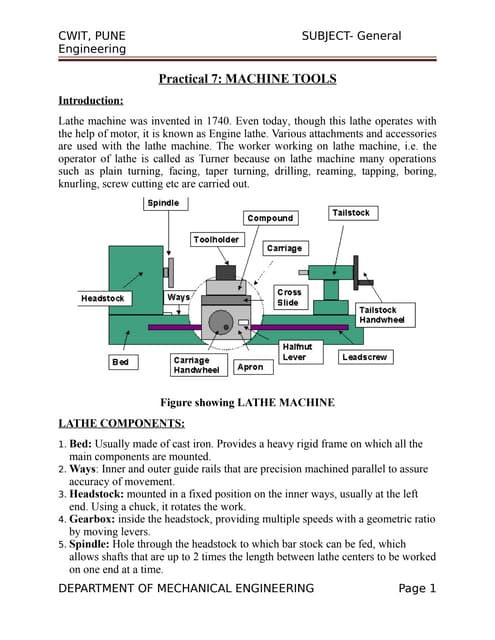 lathe machine parts and functions ppt