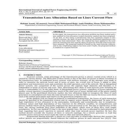 Transmission Loss Allocation Based on Lines Current Flow