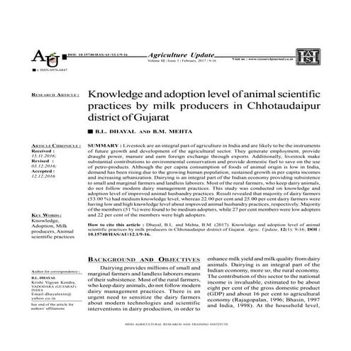 Knowledge and adoption level of animal scientific practices by milk producers...