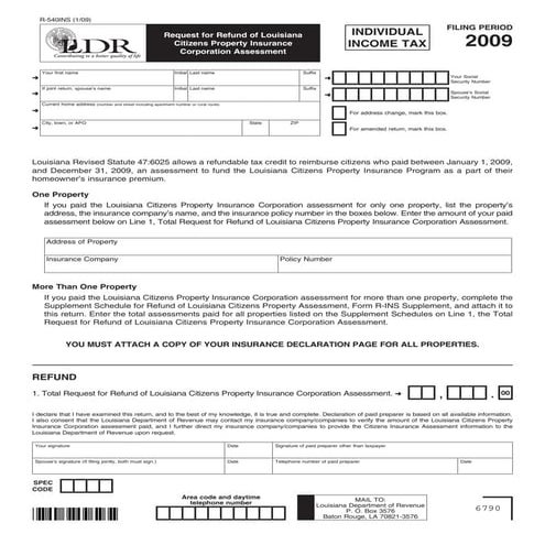 Supplement Schedule for Refund of LA Citizens Property Insurance Assessment