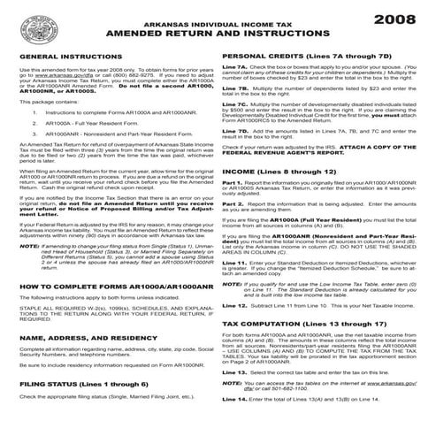 Instructions for AR1000A and AR1000ANR Amended Income Tax Return | PDF