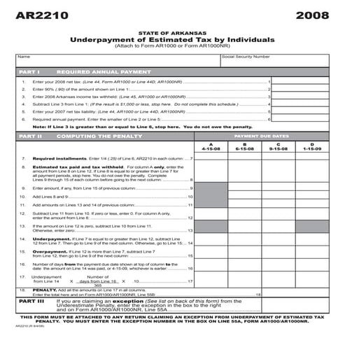 AR2210 - Individual Underpayment of Estimated Tax Penalty Form | PDF