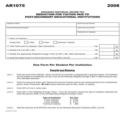 AR1075 - Deduction for Tuition Paid to Post-Secondary Educational ...