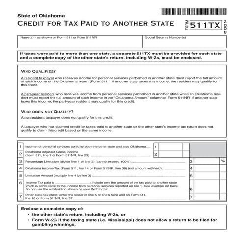Oklahoma Credit for Tax Paid to Another State