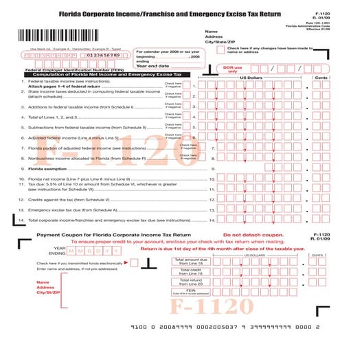  	Florida Corporate Income/Franchise and Emergency Excise Tax Return for 2008...