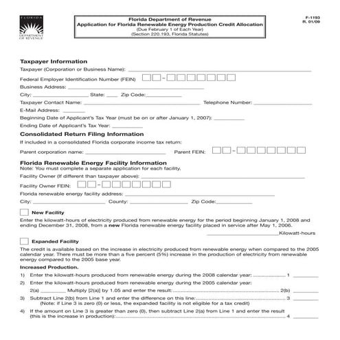 Application for Florida Renewable Energy Production Credit Allocation R.01/09